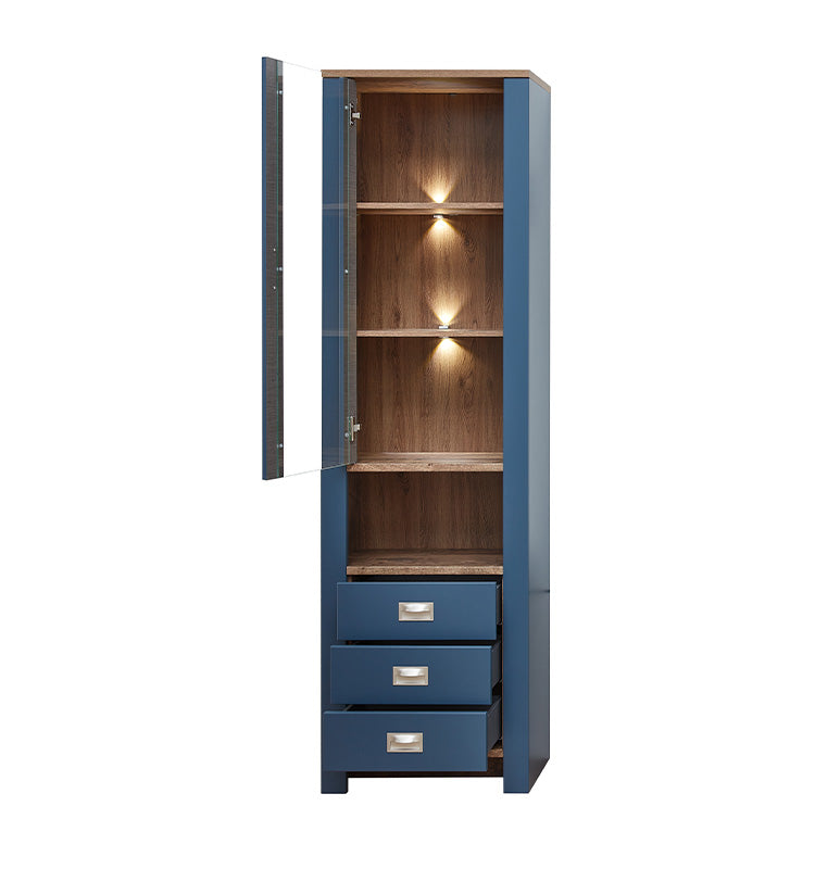 Dijon Vitrinenschrank mit drei Schubladen inkl. LED-Beleuchtung Parisian Blue / Haveleiche