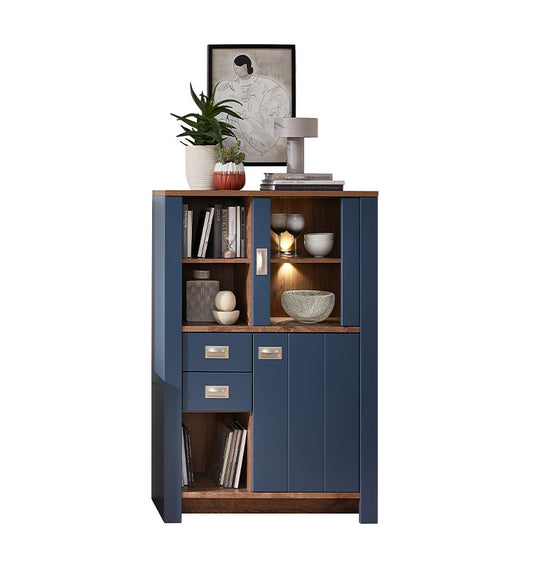 Dijon Vitrinenschrank klein inkl. LED-Beleuchtung Parisian Blue / Haveleiche