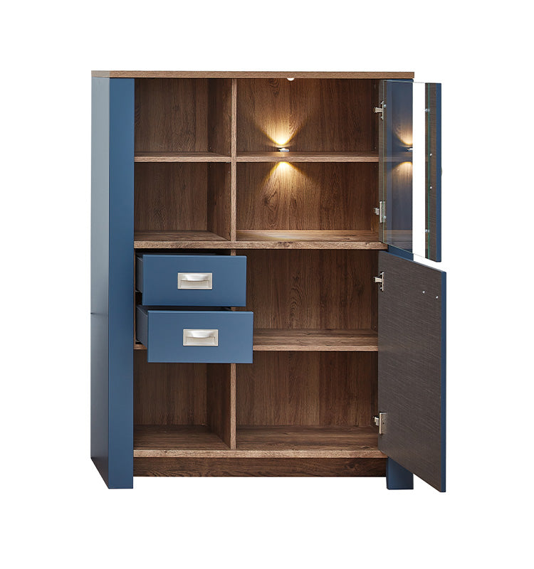 Dijon Vitrinenschrank klein inkl. LED-Beleuchtung Parisian Blue / Haveleiche