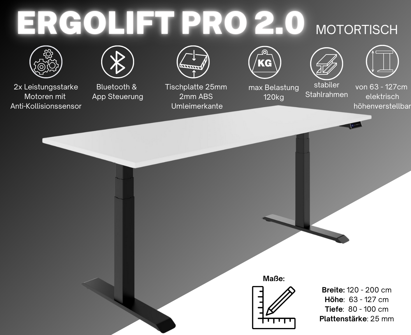 Ergolift Pro 2.0 Schreibtisch elektrisch höhenverstellbar mit 2 Motoren, Gestell Schwarz