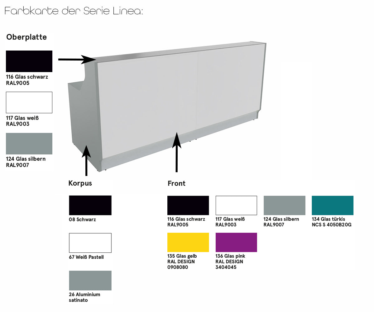 Linea 3 Empfangstheke mit Arbeitsfläche gerade, Schwarz / Größe und Korpus wählbar