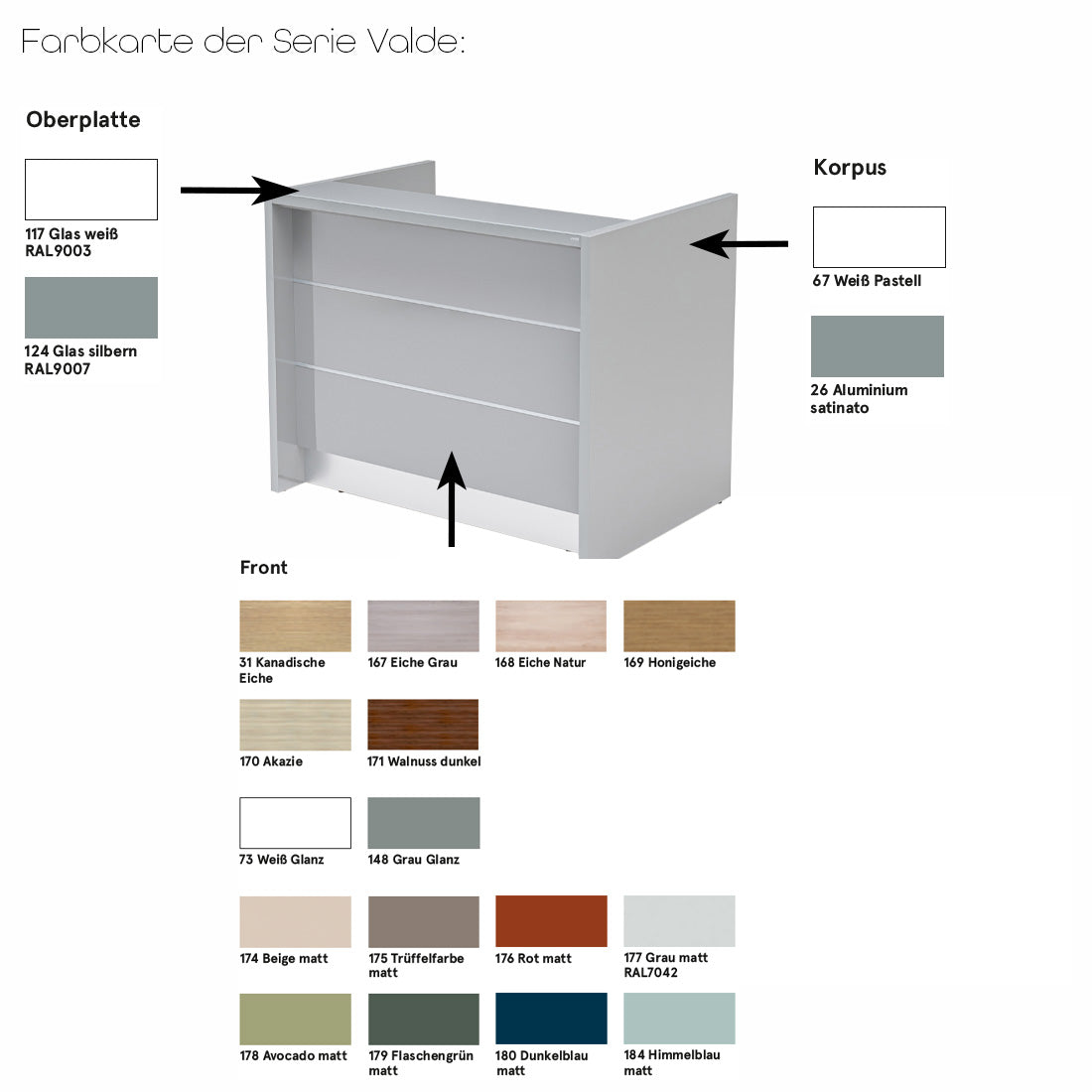 Valde 14 Empfangstheke, gebogen 635x150 cm, Dunkelblau Matt / Korpus wählbar