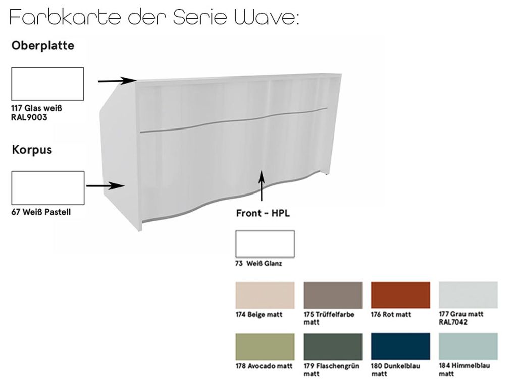 Wave 1 Empfangstheke, Größe wählbar, Weiß Hochglanz