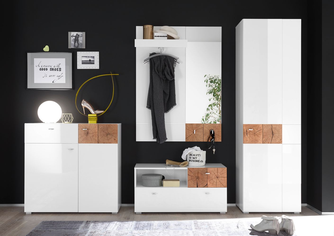 FOREST Garderobenpaneel Paneel Spiegel Wandgarderobe Weiß Hochglanz