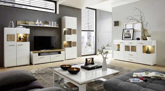 Wohnzimmer Komplettset FUN PLUS 2 Weiß / Eiche Altholz