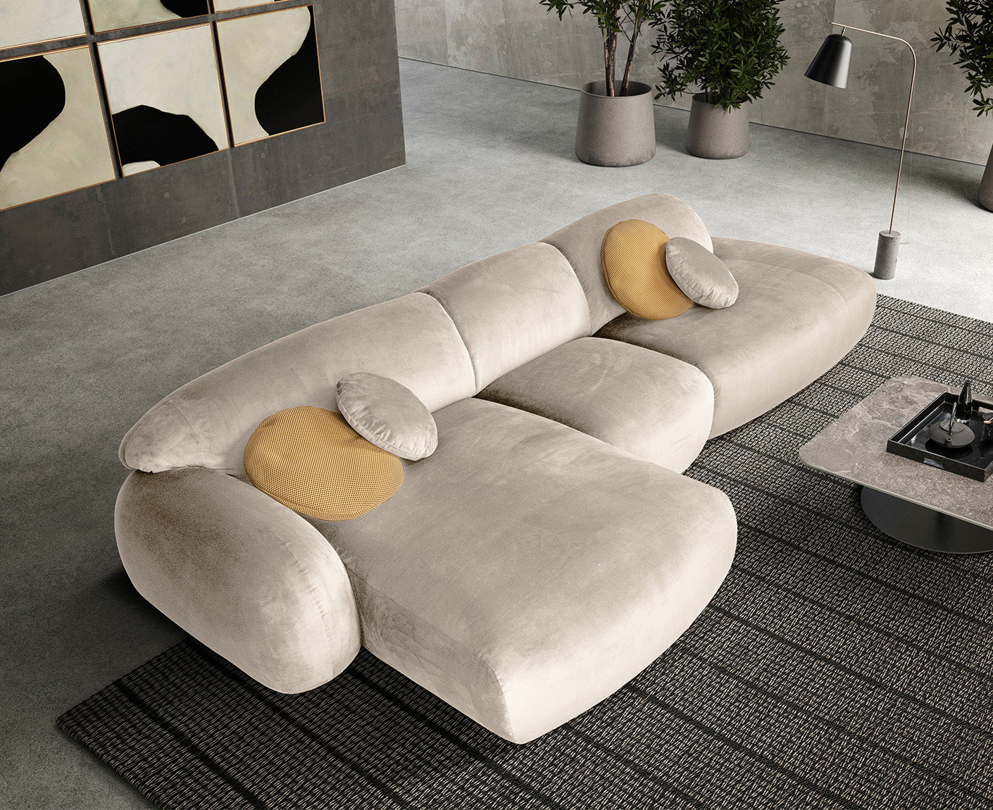 designwerk Globe Ecksofa | 369 x 177 cm | Velourstoff