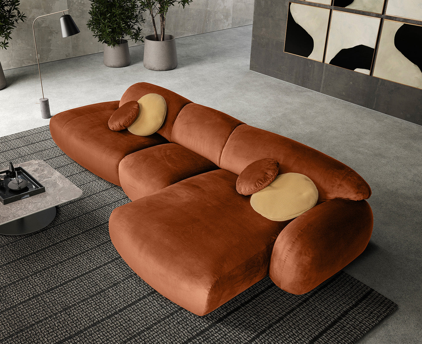 designwerk Globe Ecksofa | 369 x 177 cm | Velourstoff
