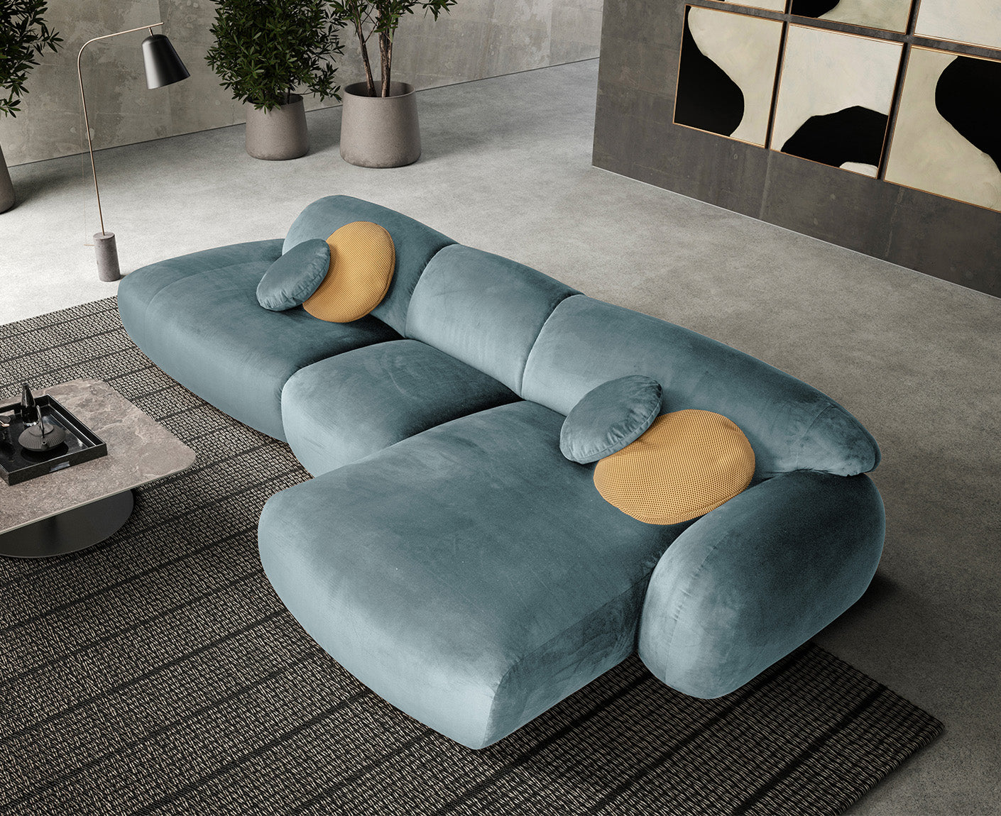 designwerk Globe Ecksofa | 369 x 177 cm | Velourstoff