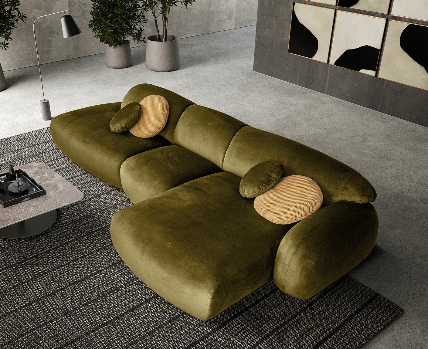 designwerk Globe Ecksofa | 369 x 177 cm | Velourstoff