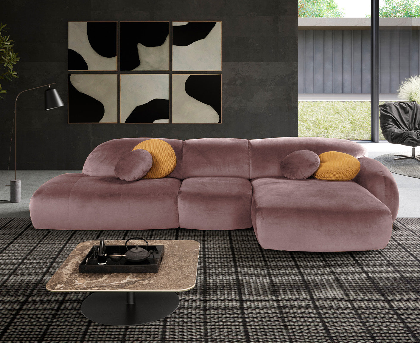 designwerk Globe Ecksofa | 369 x 177 cm | Velourstoff