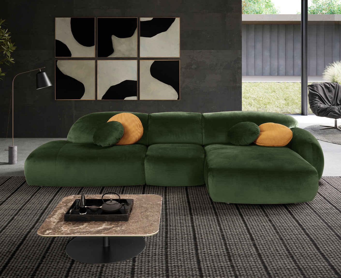 designwerk Globe Ecksofa | 369 x 177 cm | Velourstoff
