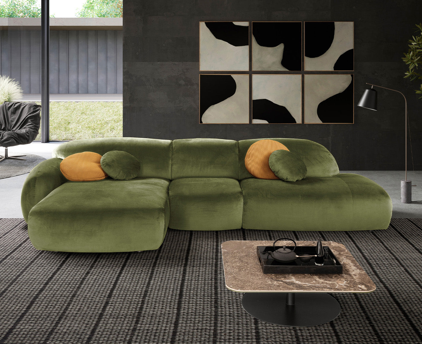 designwerk Globe Ecksofa | 369 x 177 cm | Velourstoff