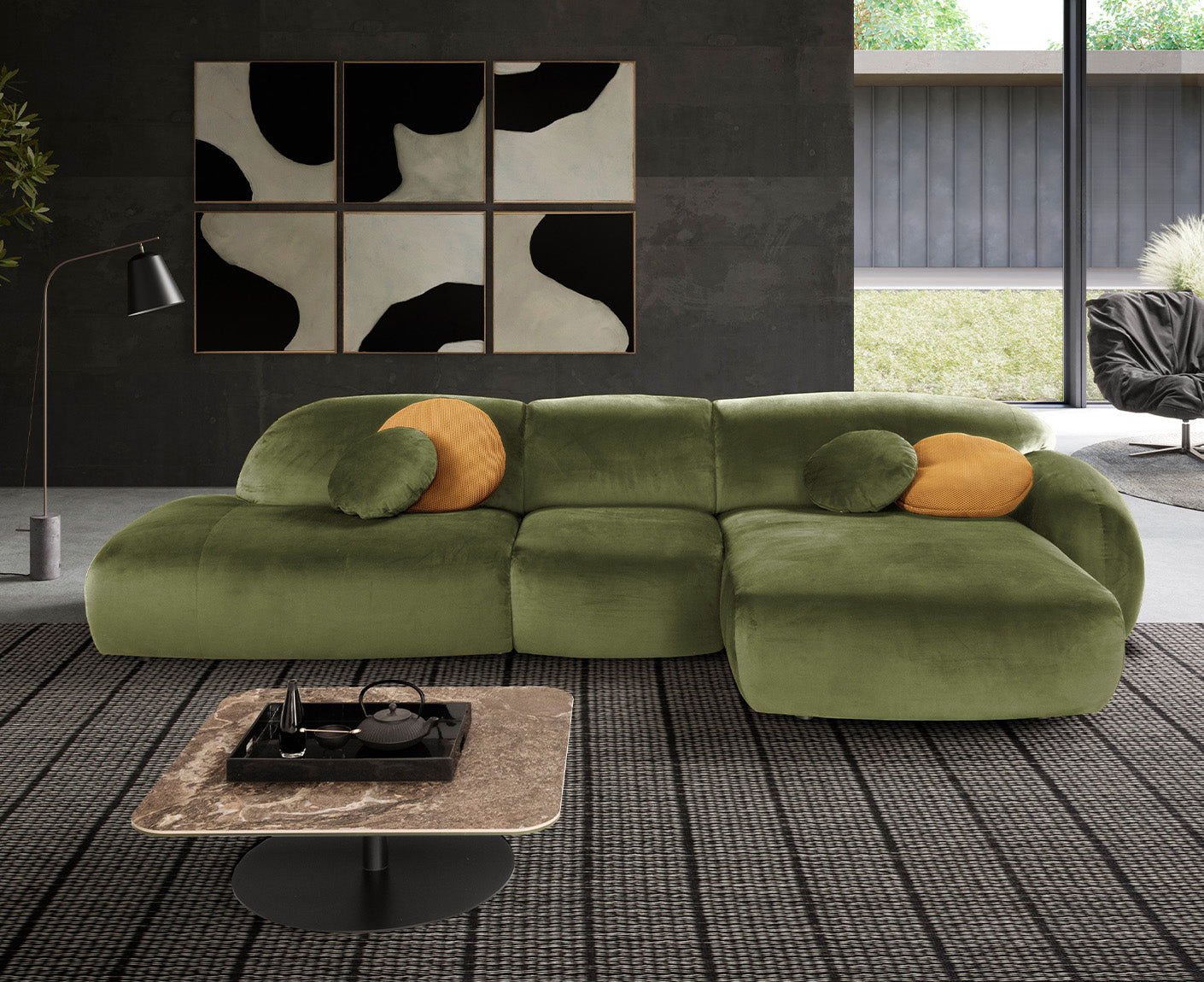 designwerk Globe Ecksofa | 369 x 177 cm | Velourstoff