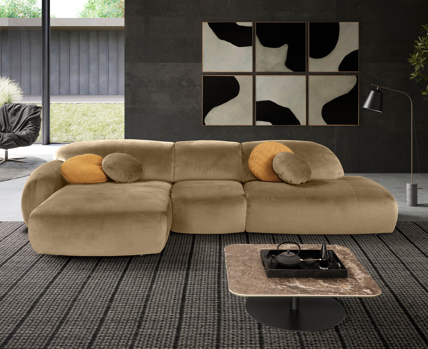 designwerk Globe Ecksofa | 369 x 177 cm | Velourstoff