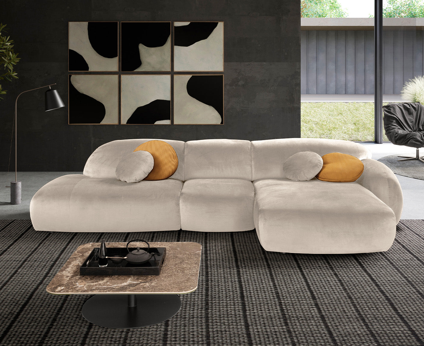 designwerk Globe Ecksofa | 369 x 177 cm | Velourstoff