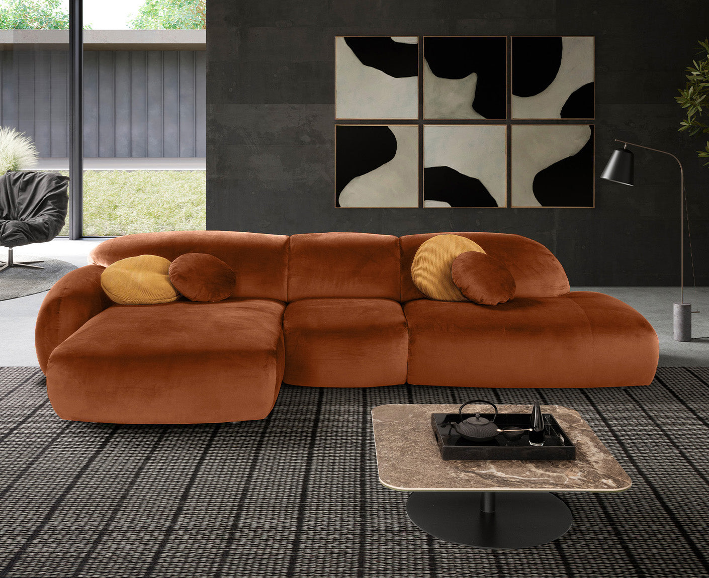 designwerk Globe Ecksofa | 369 x 177 cm | Velourstoff
