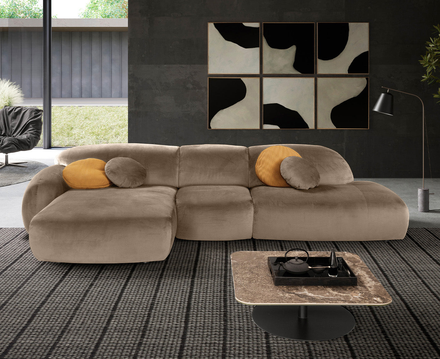 designwerk Globe Ecksofa | 369 x 177 cm | Velourstoff