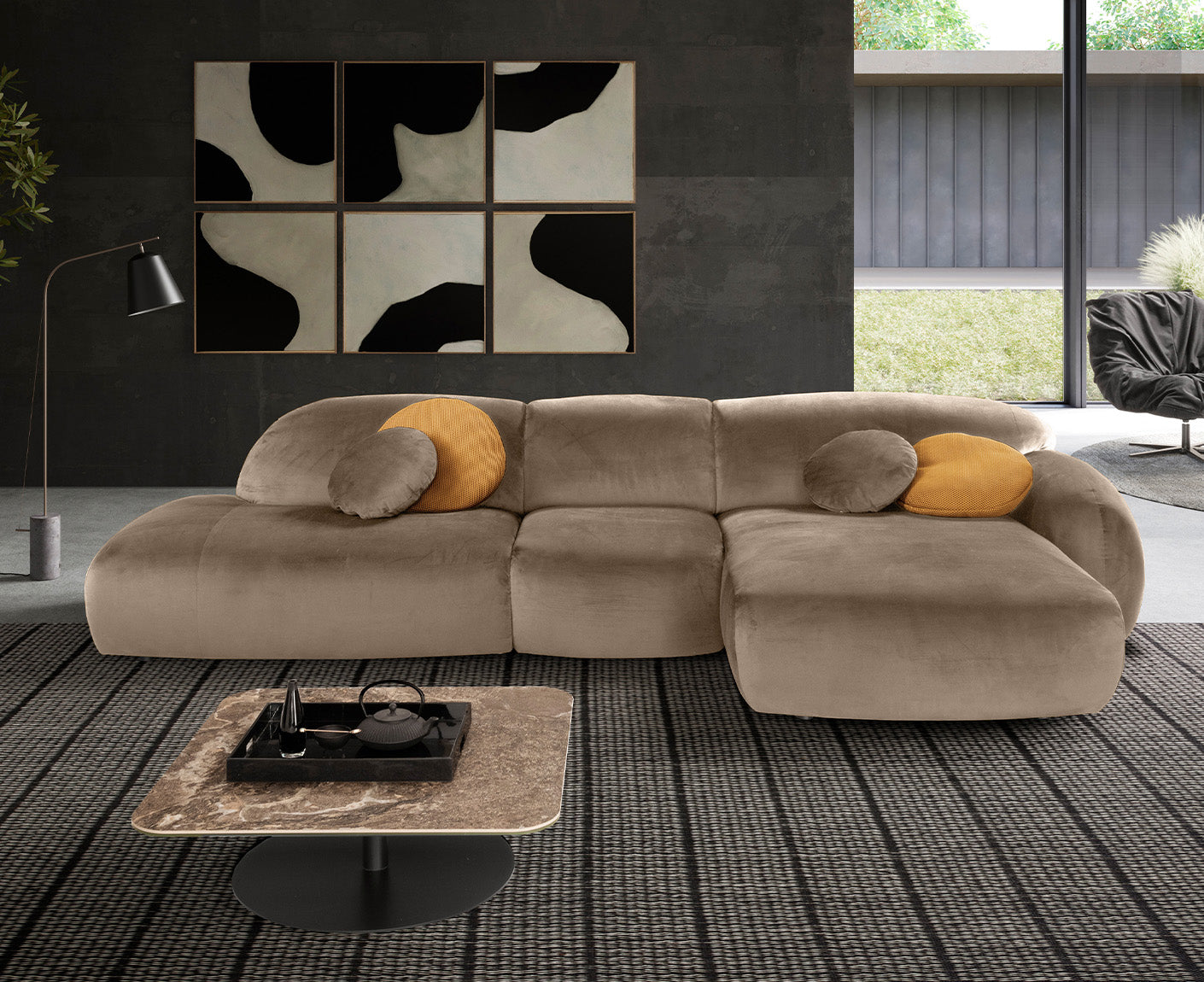 designwerk Globe Ecksofa | 369 x 177 cm | Velourstoff