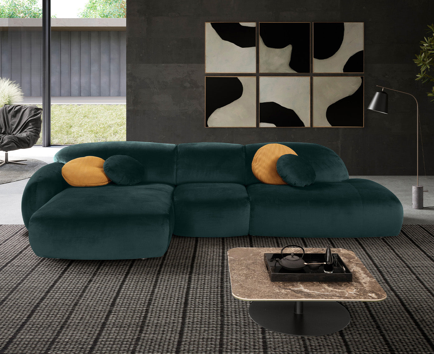 designwerk Globe Ecksofa | 369 x 177 cm | Velourstoff