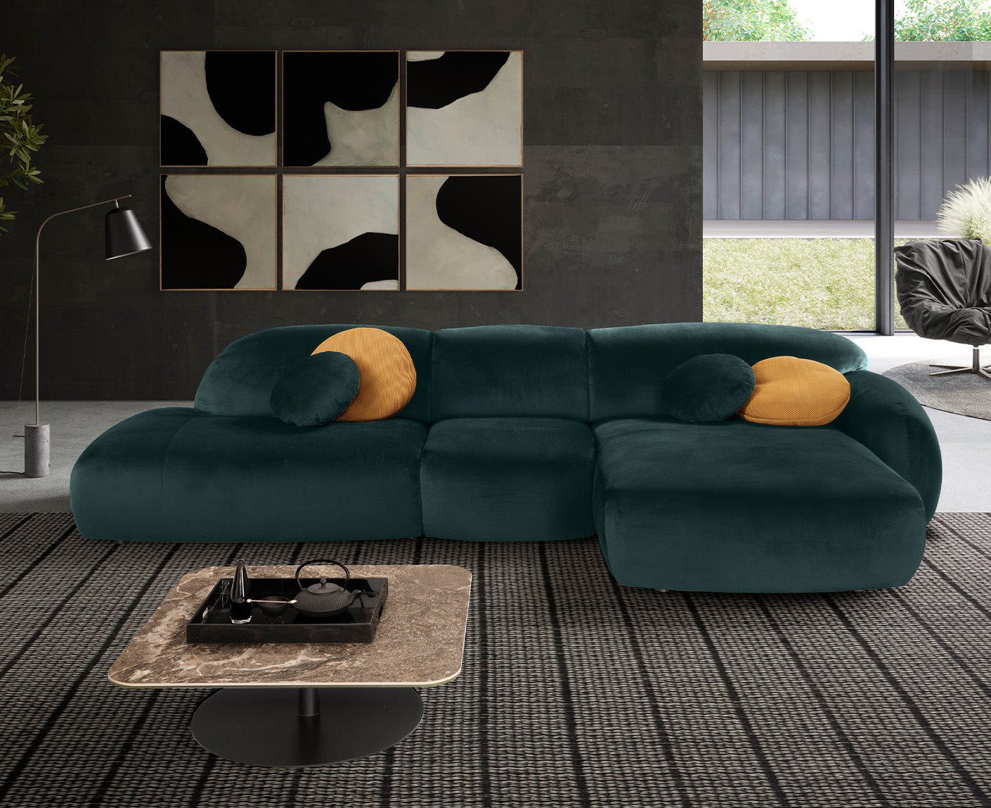 designwerk Globe Ecksofa | 369 x 177 cm | Velourstoff