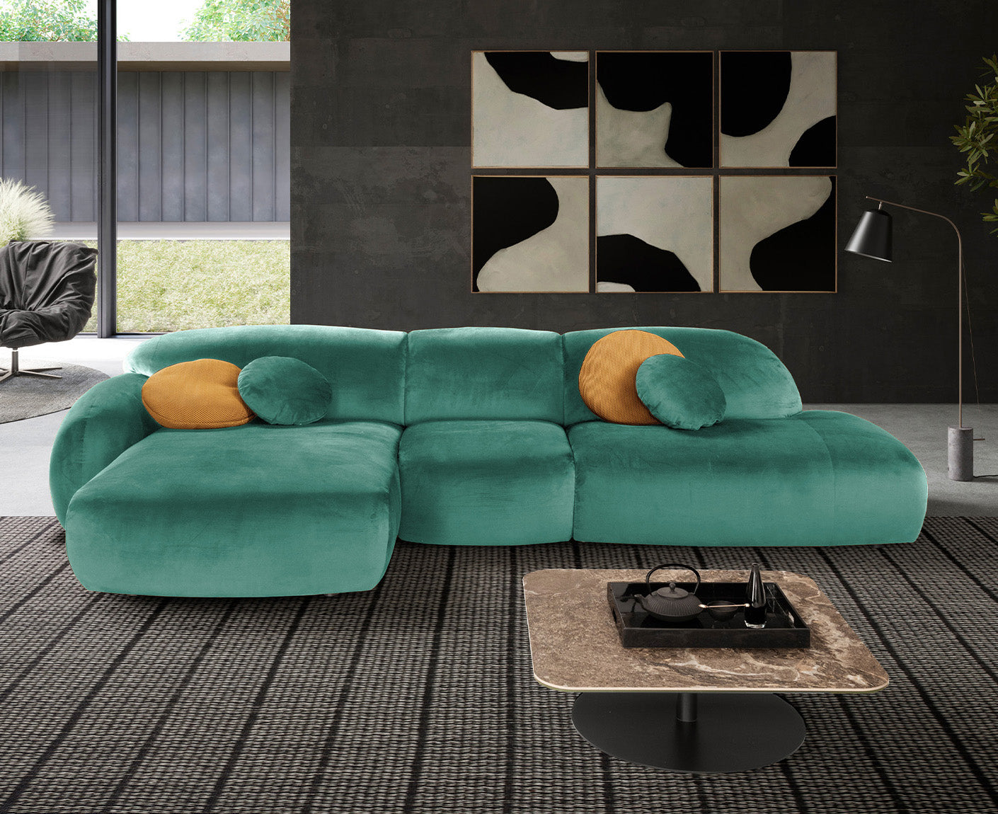designwerk Globe Ecksofa | 369 x 177 cm | Velourstoff