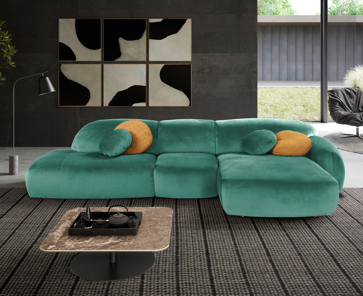 designwerk Globe Ecksofa | 369 x 177 cm | Velourstoff