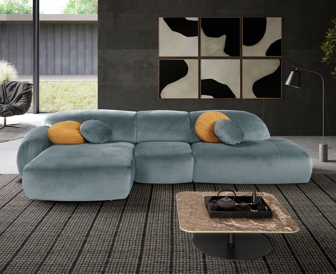 designwerk Globe Ecksofa | 369 x 177 cm | Velourstoff
