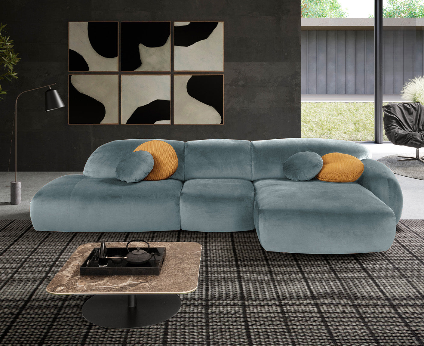 designwerk Globe Ecksofa | 369 x 177 cm | Velourstoff