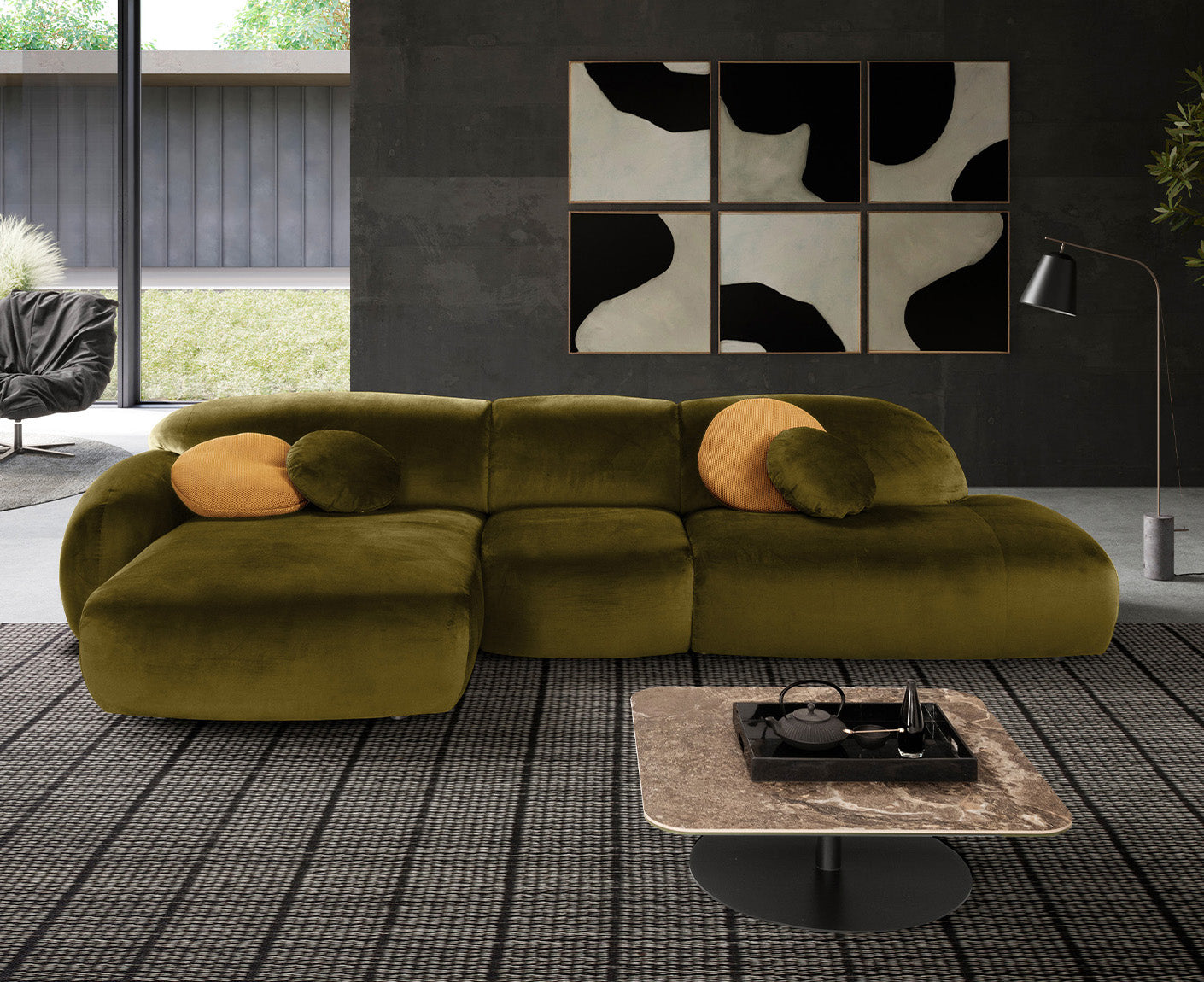designwerk Globe Ecksofa | 369 x 177 cm | Velourstoff