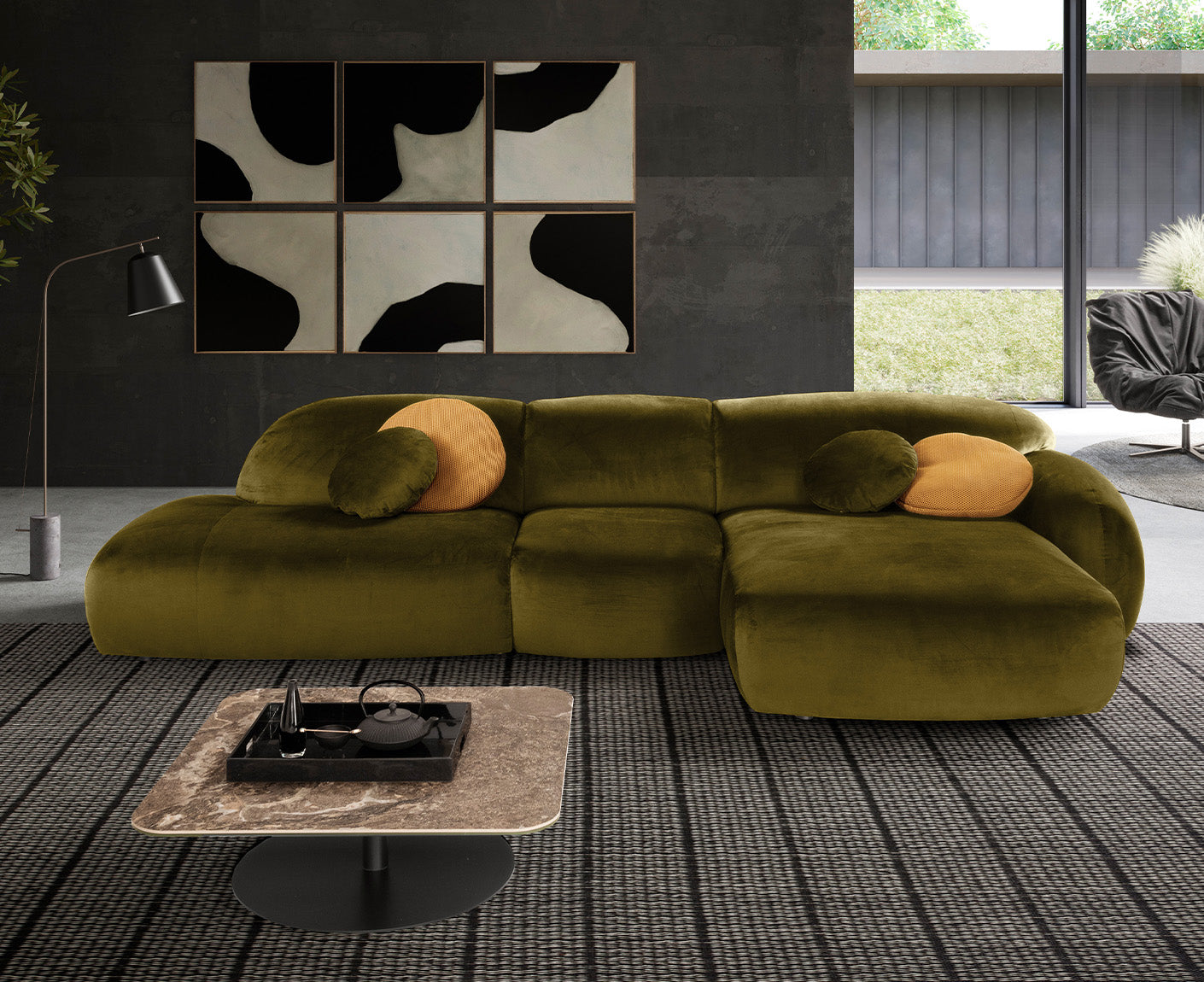 designwerk Globe Ecksofa | 369 x 177 cm | Velourstoff