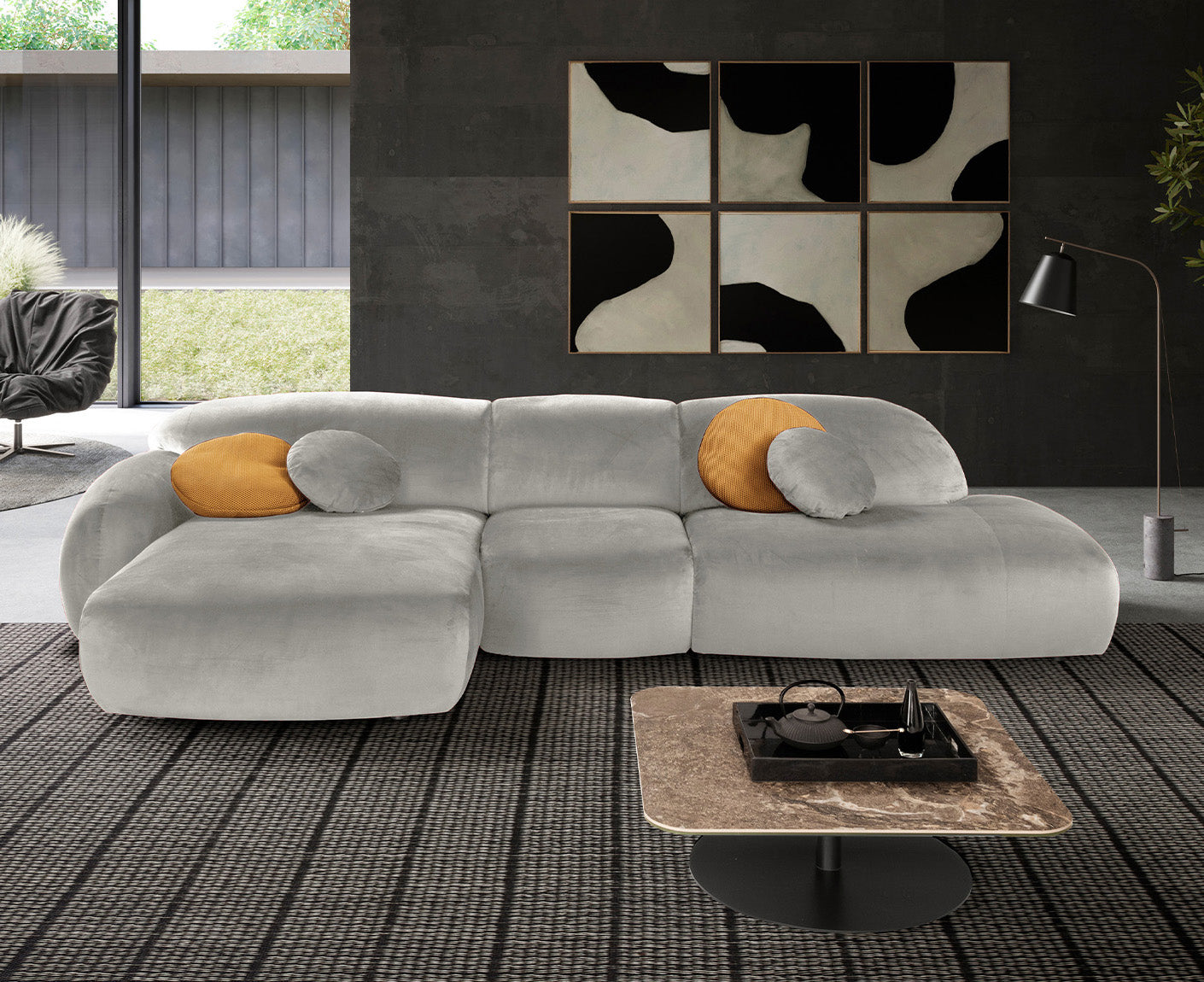 designwerk Globe Ecksofa | 369 x 177 cm | Velourstoff