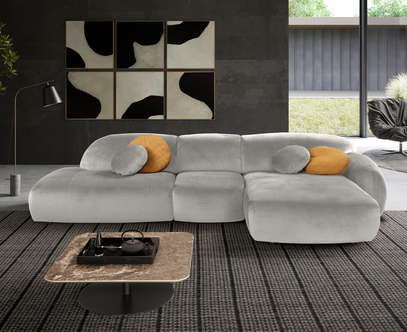 designwerk Globe Ecksofa | 369 x 177 cm | Velourstoff