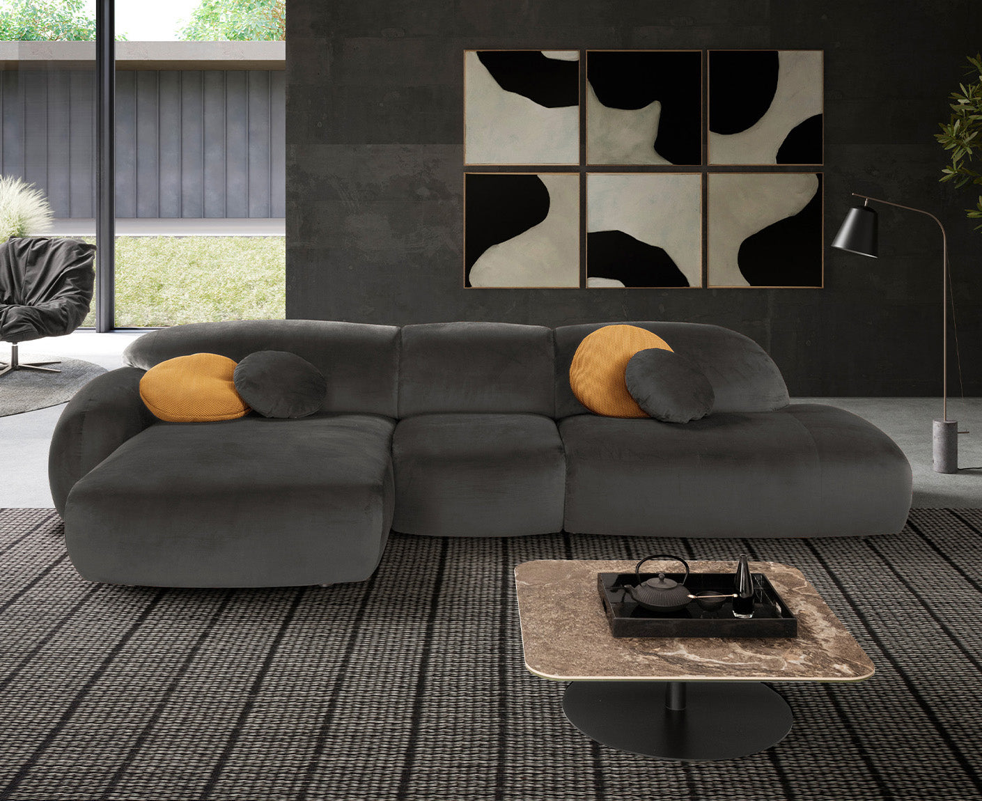 designwerk Globe Ecksofa | 369 x 177 cm | Velourstoff