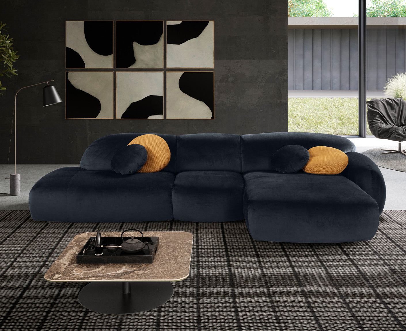 designwerk Globe Ecksofa | 369 x 177 cm | Velourstoff