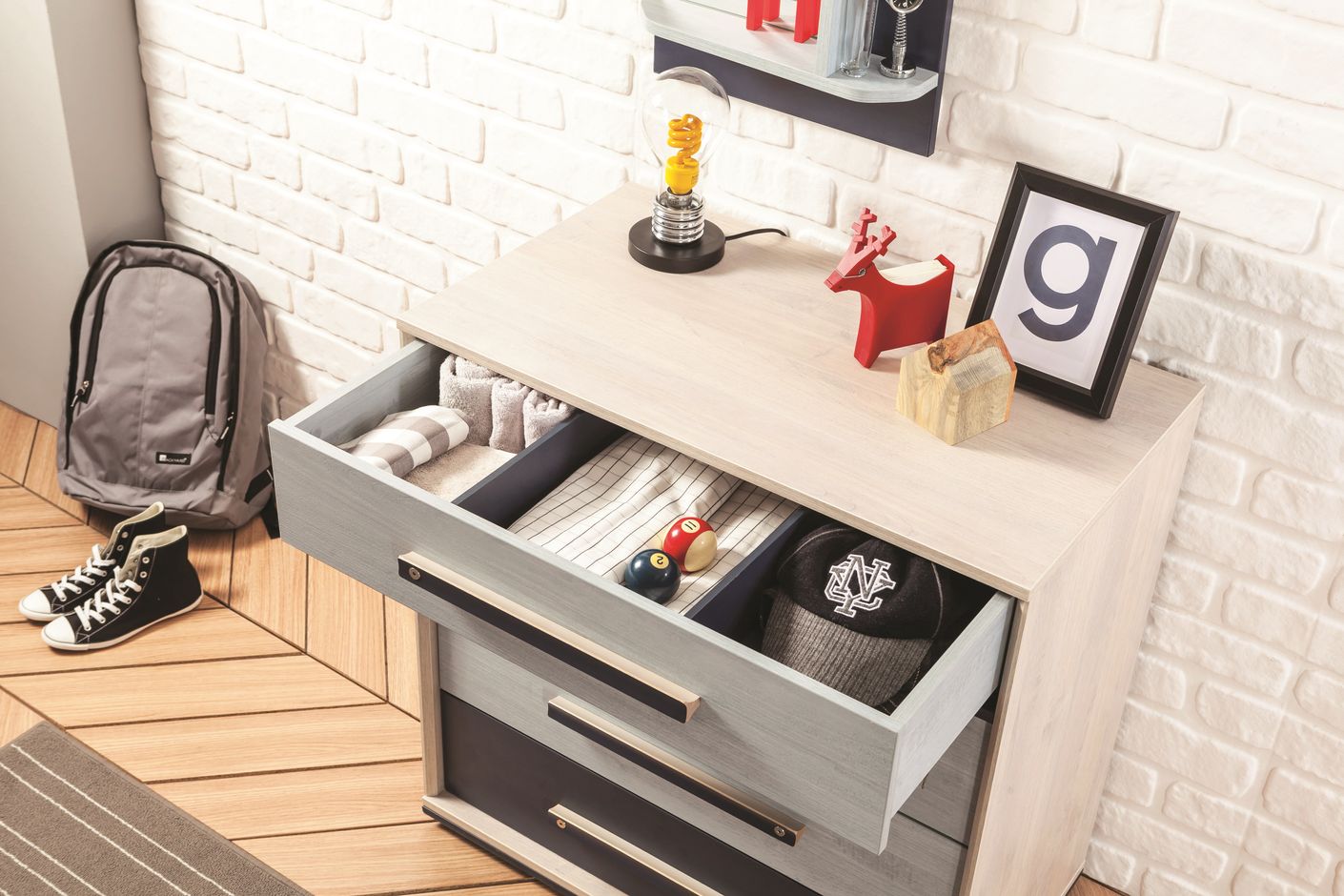 Cilek TRIO Kommode Anrichte Sideboard Kinderzimmer Blau / White-Wash