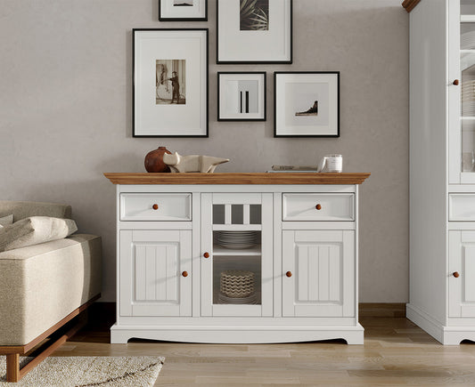 Belluno Elegante Sideboard 130x85 cm Massivholz mit Glastür
