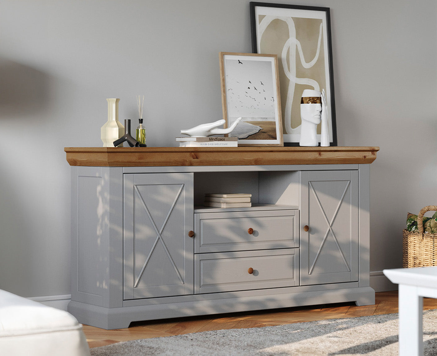 Marone Elite Sideboard 2-türig Massivholz Weiß / Grau