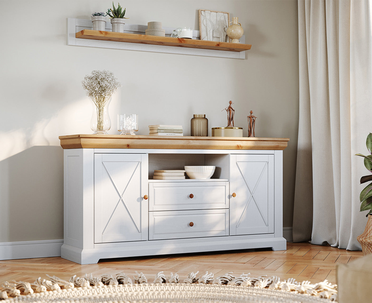 Marone Elite Sideboard 2-türig Massivholz Weiß / Grau