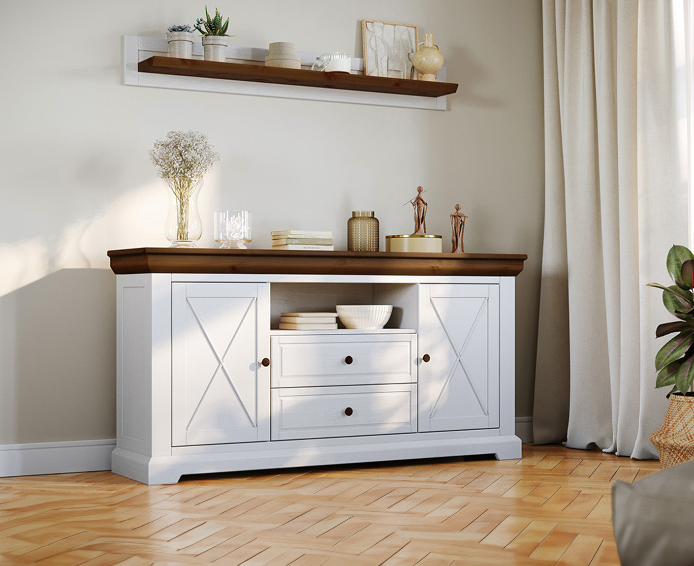 Marone Elite Sideboard 2-türig Massivholz Weiß / Grau