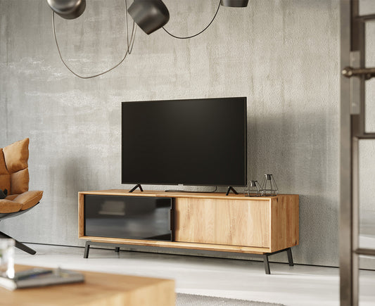 Modern Loft TV-Lowboard 200 cm Massivholz Eiche geölt/Glas Grafit Matt
