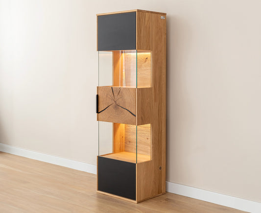 Tirano Hängevitrine Hirnholz & schwarzes Glas, Massivholz Eiche geölt, fertig montiert