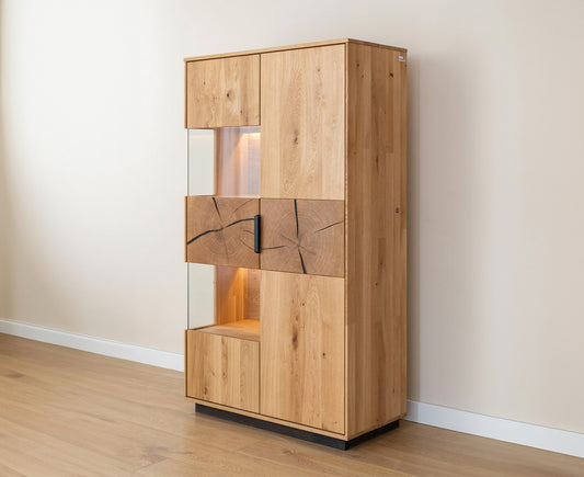 Tirano Vitrine Hirnholz Massivholz Eiche geölt, fertig montiert