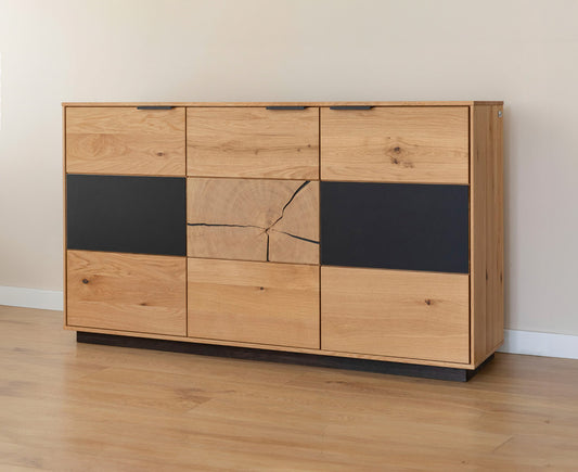 Tirano Sideboard Hirnholz & schwarzes Glas, Massivholz Eiche geölt, fertig montiert