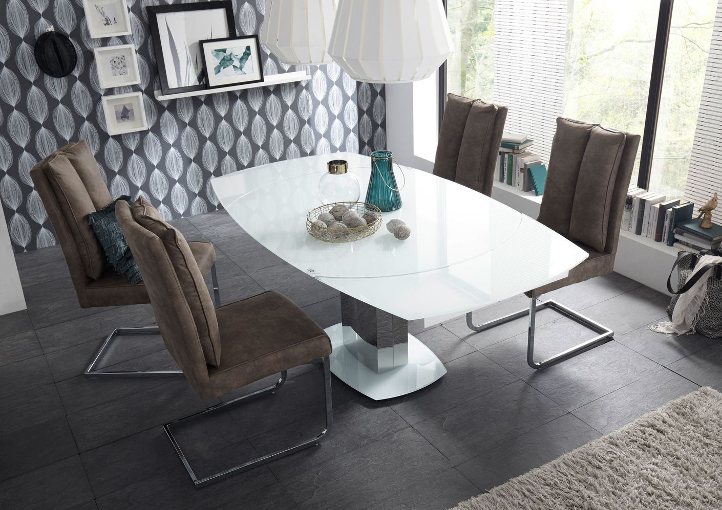 Esstisch ausziehbar Ø 130-190 Super White Glas / Edelstahl