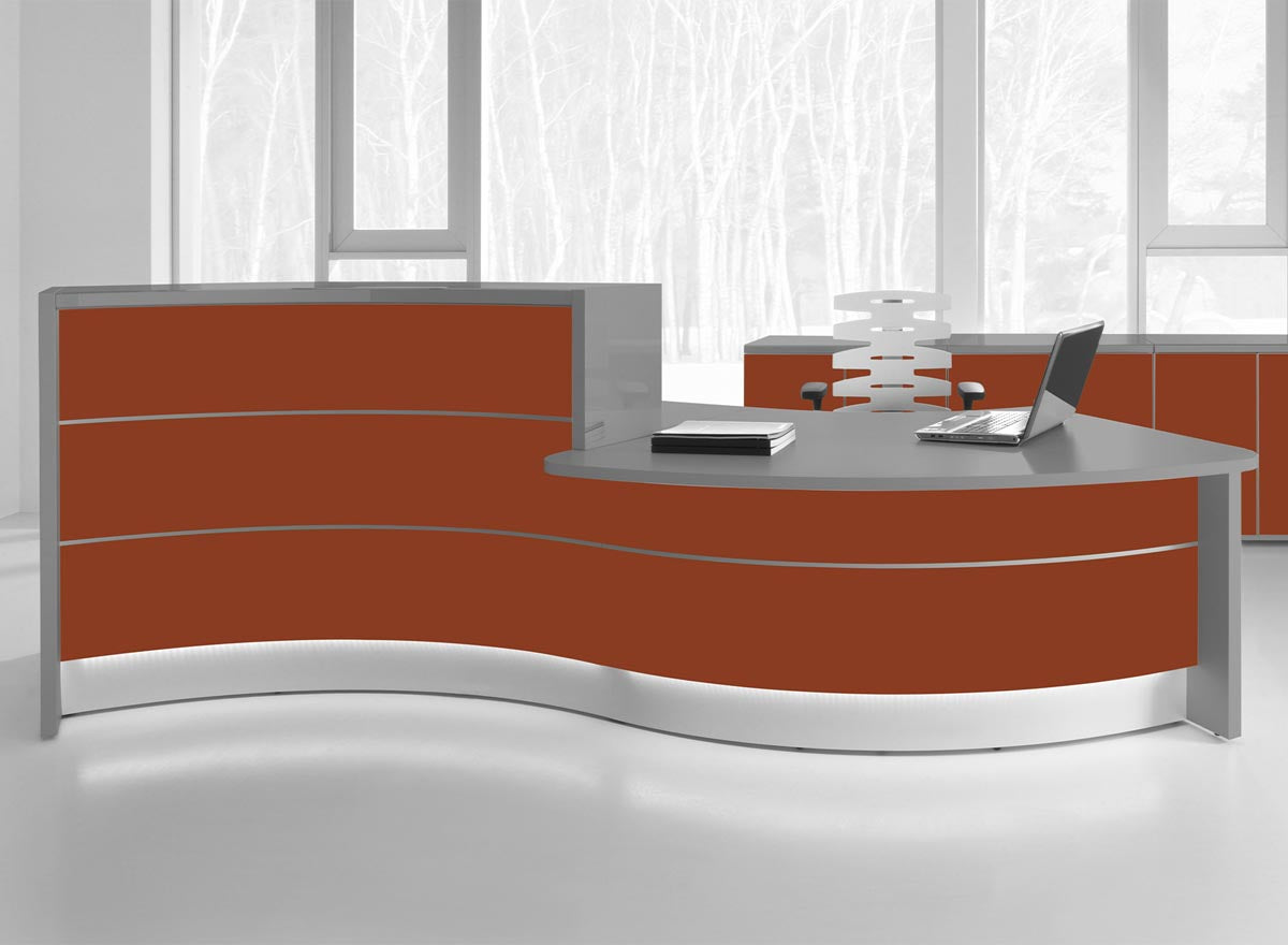 Valde 4 Empfangstheke, gebogen 345x150 cm Rot Matt / Korpus wählbar