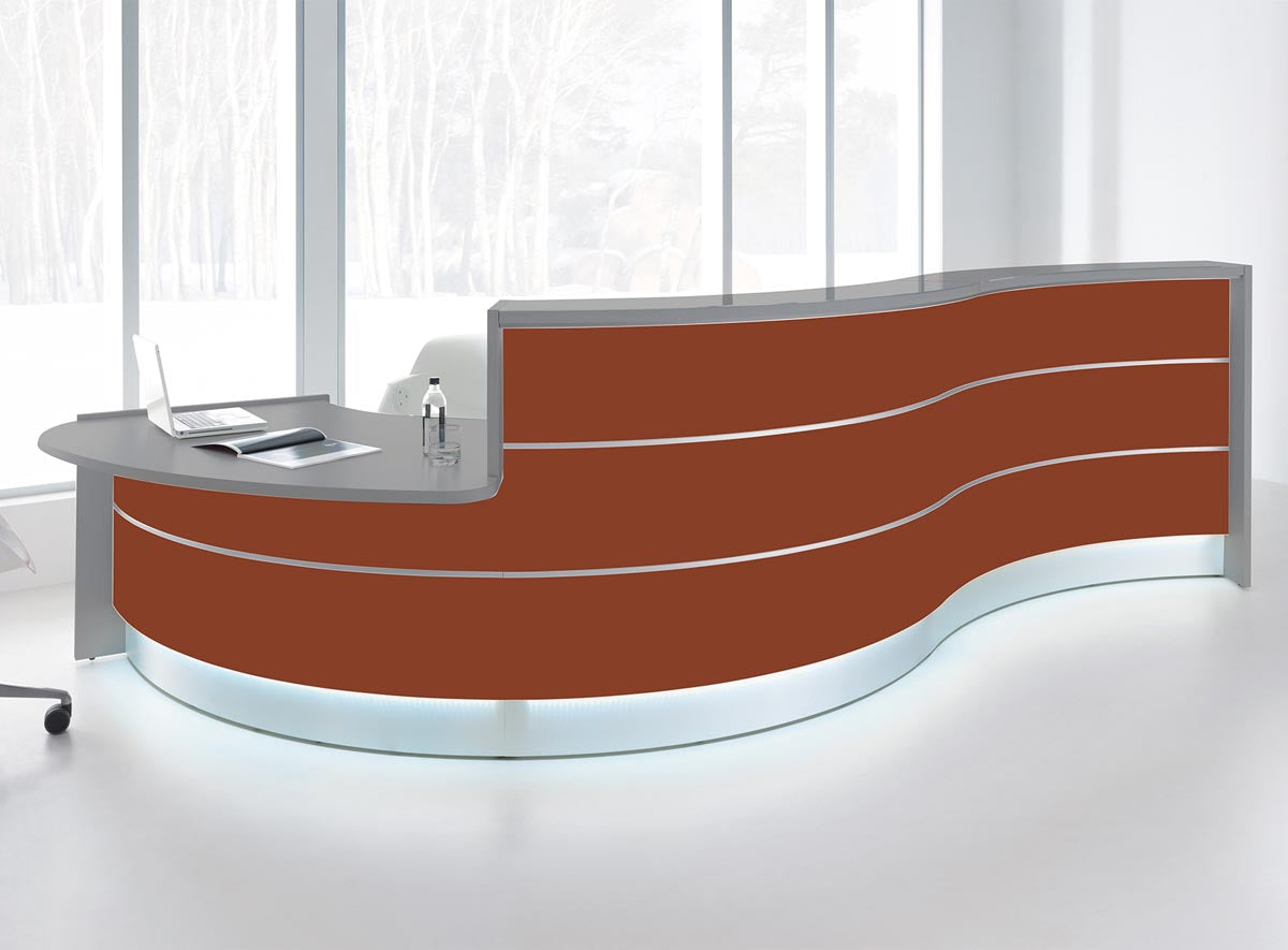 Valde 6 Empfangstheke, gebogen 438x163 cm Rot / Korpus wählbar