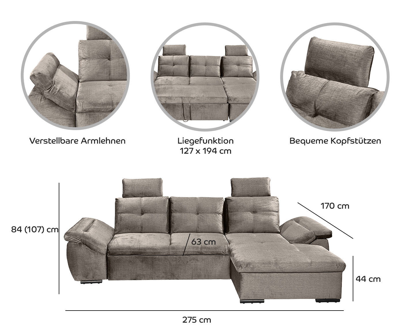 Alija Ecksofa Longchair 275 x 170 cm, mit Schlaffunktion