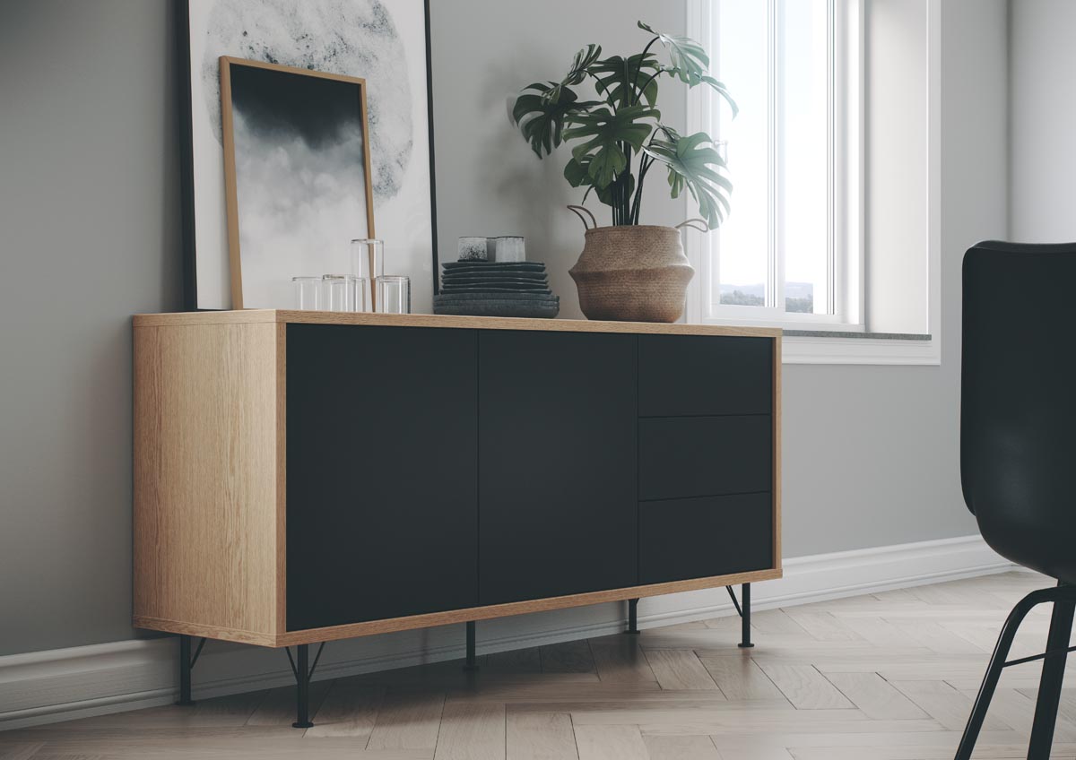 Tenzo Flow Designer Sideboard 164 cm Schwarz / Eiche