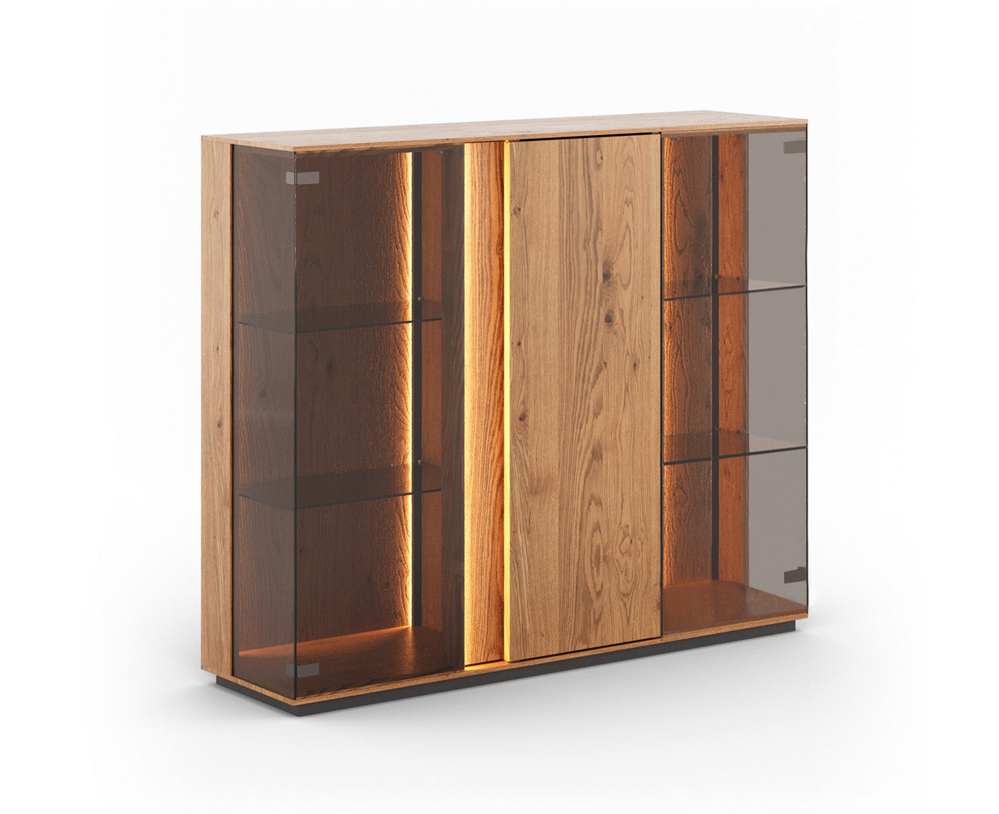 Collodi Sideboard 3-türig Massivholz Wildeiche / Tabak geölt-Glas getönt, fertig montiert