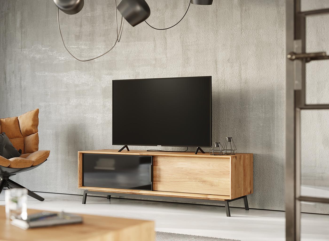 Modern Loft TV-Lowboard 200 cm Wildeiche geölt/Glas Grafit Matt